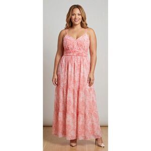 Vintage Moda International Maxi Dress XL Pink Chiffon Low Cut Tie Back Summer